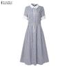 ZANZEA Women Casual Turn Down Collar Summer Short Sleeve Stripe Dress