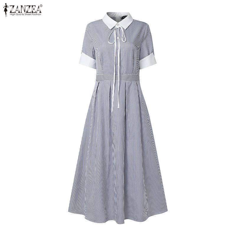 ZANZEA Women Casual Turn Down Collar Summer Short Sleeve Stripe Dress