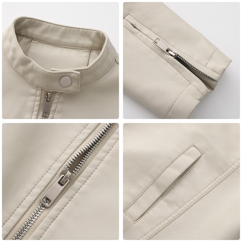 Women's Casual Solid Color Stand Up Collar Long Sleeved Zipper Pocket Jacket Motorcycle Suit Jacket Leather Jacket