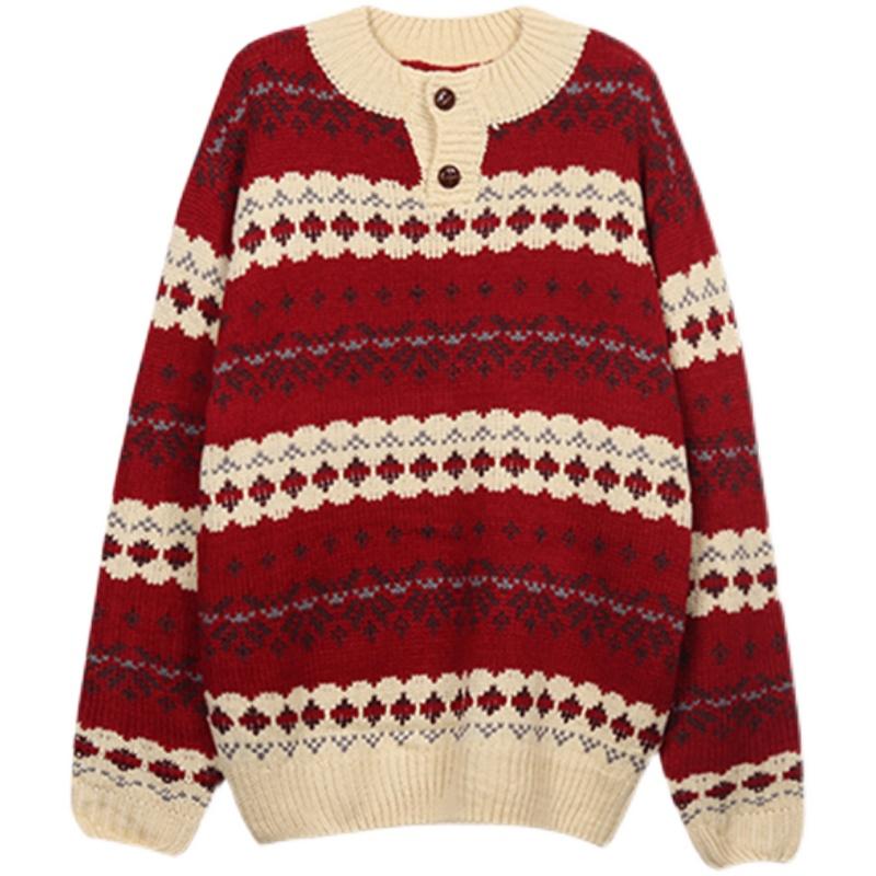 Winter New Christmas Pullover Knitted Sweater Women Fashion Print Red Long Sleeve Sweaters Vintage Outerwear Casual Warm Round Neck Knitwears 25303