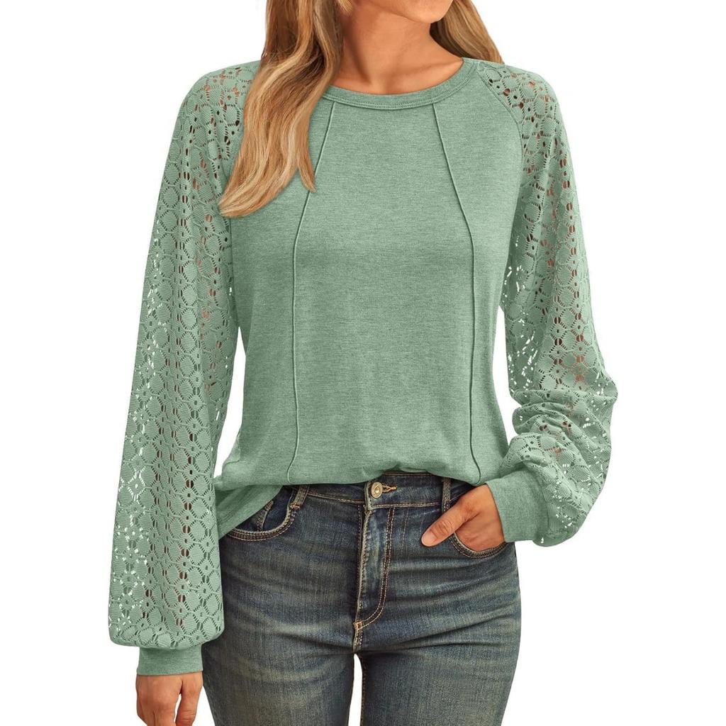 New Women's Long Sleeve Crew Neck T-shirt Lace Patchwork Top, European & American Style Casual Blouse for Crossborder