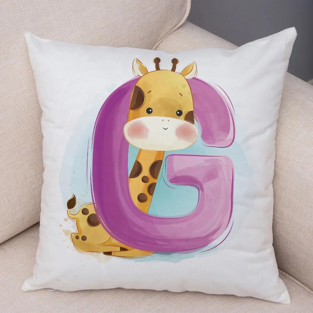 Cute Cartoon Animal Cushion Cover for Children Room Water Color English Letter Print Pillow Case Short Plush Pillowcase 45x45cm