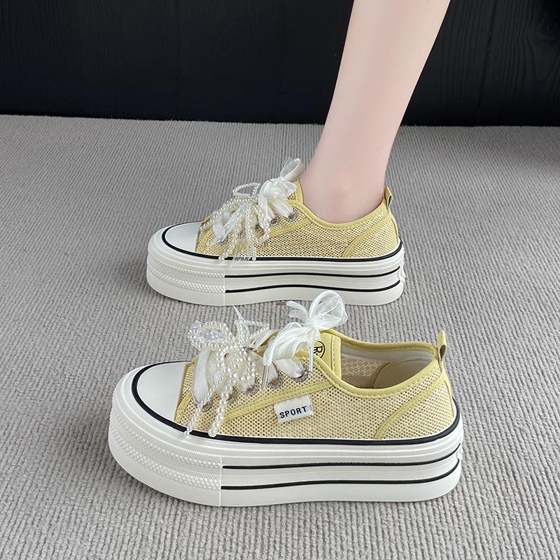 Fashion CRLAYDK Fashion Platform Mesh Shoes for Women Lace Pearl Casual Sneakers Ladies Lace Up Sports Walking Breathable Tennis