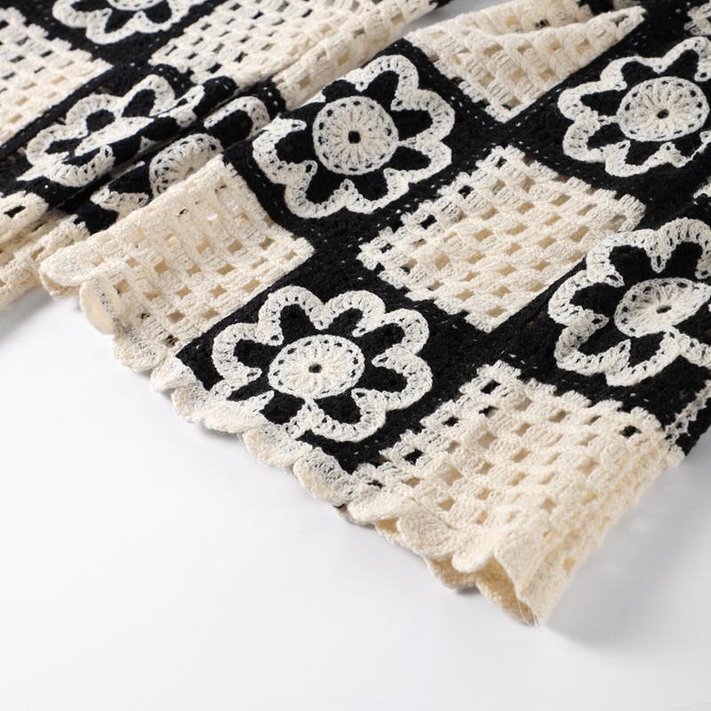 Hollow Out Knitted Sets for Women Sleeveless O-neck Short Vest Crochet Embroidery Flower Knitting Pants Elegant Women's Sets Simple Vintage 2 Piece