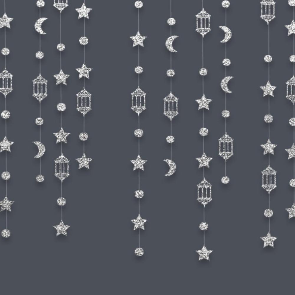 Gold Silver Eid Mubarak Banners DIY Paper Glitter Paper Ramadan Kareem Decor Pull Flag Ceiling Hanging Star Moon Lantern