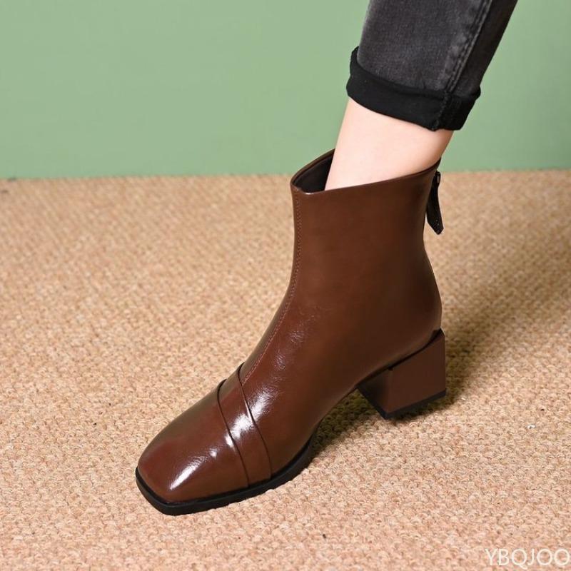 Autumn Winter Fashion Back Zipper Thick Heel Middle Heel Short Boots for Women Retro Square Head Versatile Women's Boots