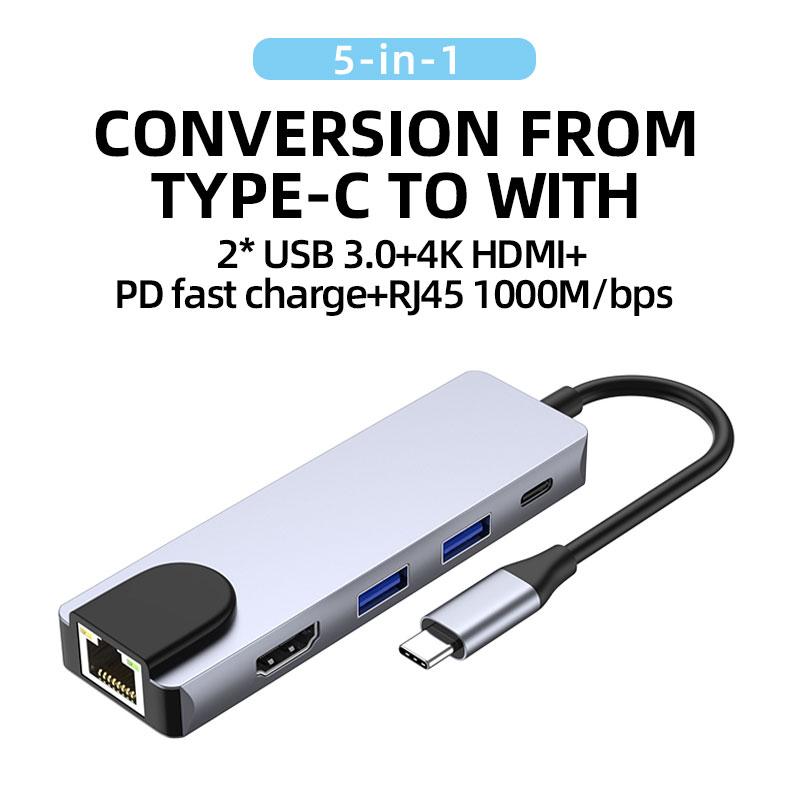 High Quality 5 in 1 USB-C hdmi Hub 5 Ports With 2USB+PD+HDMI+RJ45(1000Mbps) Converter Adapter Fast Charger Type C Hub Multiports