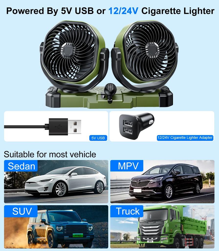 5V/12V/24V Car Dual Head Fan 2 Wind Speed Strong Airflow With 360° Rotatable USB Cigarette Lighter Vehicle Air Cooling Fan