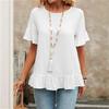 Ladies Summer Short Sleeve O Neck Ruffles Solid Color Casual Pullover Blouse Shirt Top