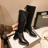 Fashion 2024 Chunk Leather Knee High Boots Women Pointer Toe Heels Shoes Woman Trend Chelsea Boots New Fad Pumps Mujer Snow  Botas