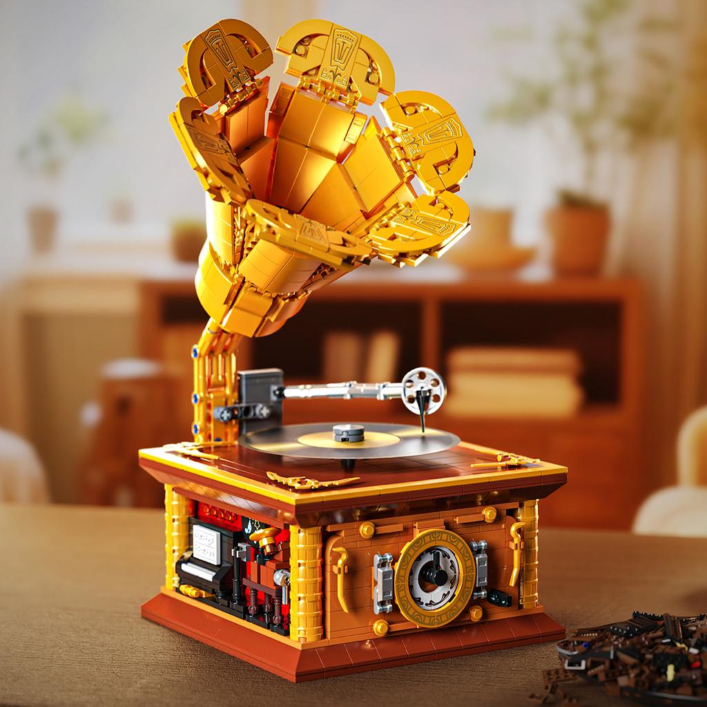 1011 ks Retro gramofon Stavebnice Hračky Model Gramofonu Skládačka Kostky Hračky Pro Děti Stolní Ozdoba Dárky