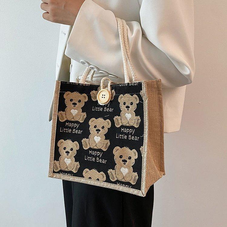 Bear linen tote bag women go out handbag small satchel student shoulder bag tide