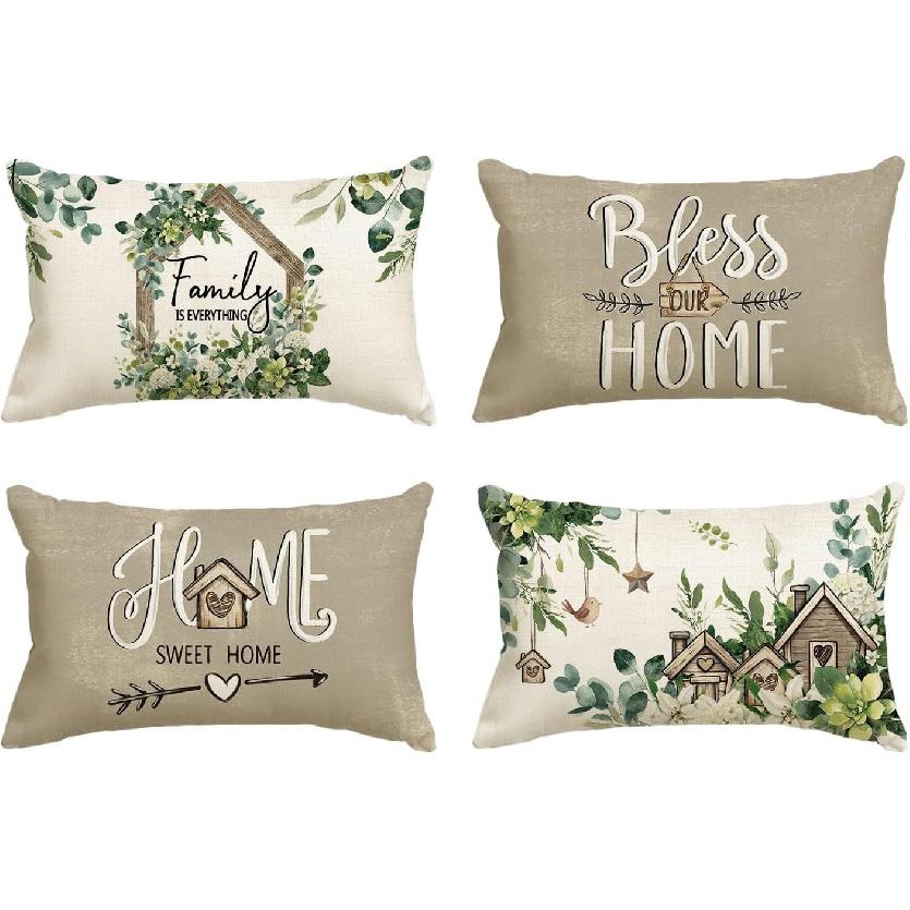 AVOIN Colorlife Sweet Home Family Is Everything Spring Floral Throw Pillow Covers, 18 X 18 Inch Seasonal Eucalyptus Flowers Cushion Case Decoration
