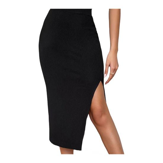 Women Midi Skirt High Waist Side Slit Design Knitting Skirt Solid Color Hip Wrapped Office Lady Skirt Daily Wear
