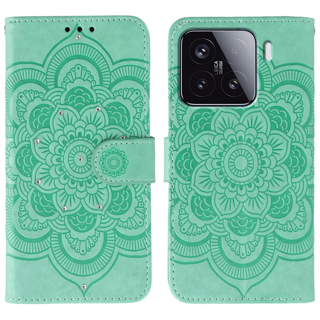 For Xiaomi 15 Case Rhinestone Decor PU Leather Mandala Imprinted Design Phone Cover with Wrist Strap