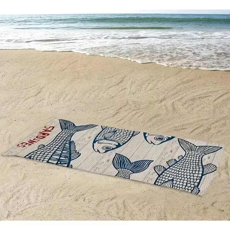 Vintage Sardines Fish Print Beach Towel Microfiber Quick Dry Absorbent Sand-Free Summer Pool Bath Towel for Beach Lovers