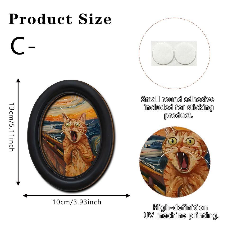 Durable 2D Abstract Wall Art Wooden Black Frame Wall Decor Oval Shaped Adhesive Mounting Cat Portrait Decor Living Room
