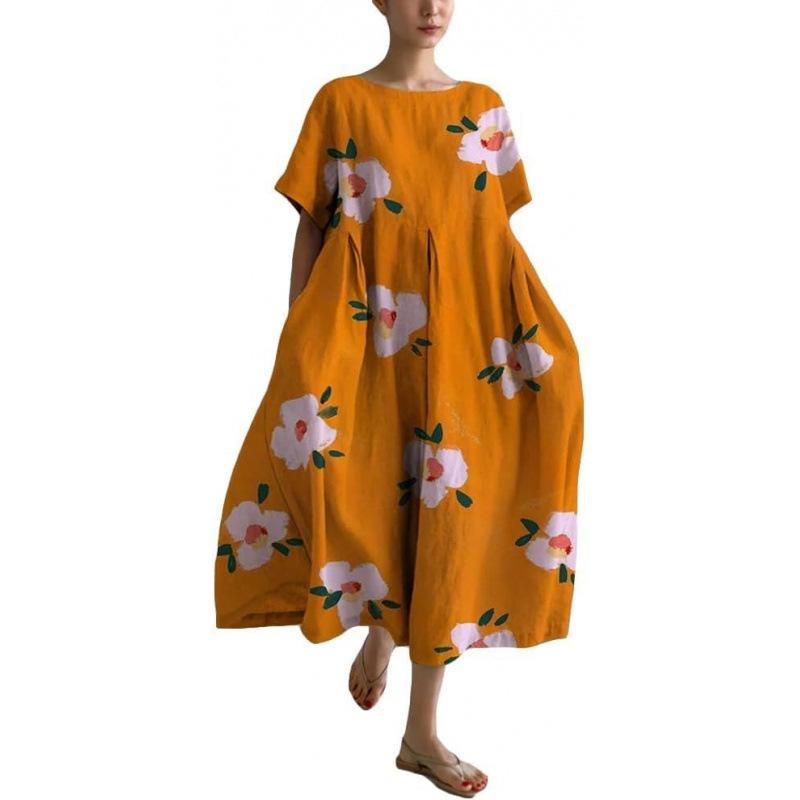 Damen Sommer Übergröße Gestreiftes Print Maxikleid, Lässiges Lockeres Rundhals Kurzarm Oversized A-Linien-Kleid