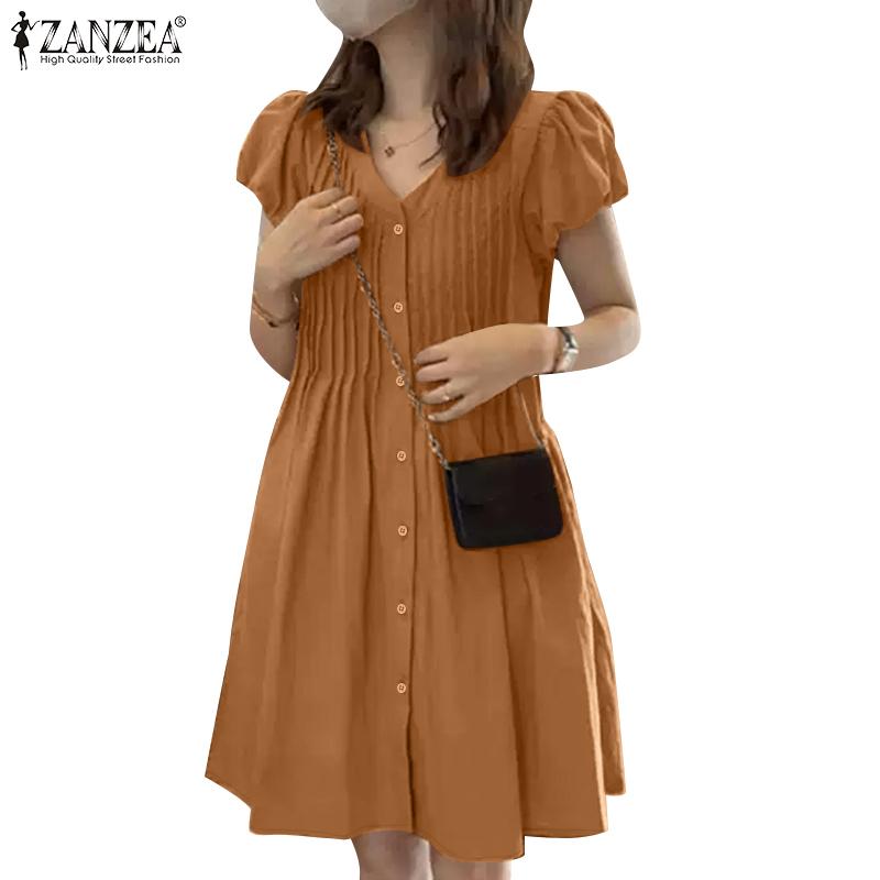 ZANZEA Women Casual V-Neck Summer Short Sleeve Dress