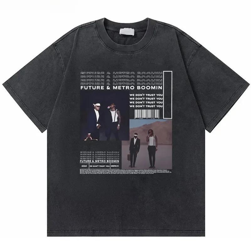Oversized Acid-Wash Vintage Short-Sleeve T-Shirt Featuring Metro Boomin x Future Figure Print & "Don't Trust Life" Slogan Double-Sided Graphic