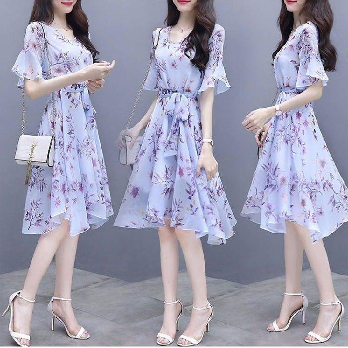 Printed Temperament Dress Women's Summer New Korean Version Long Dress Waist Thin Fairy Dress Medium and Long Skirt