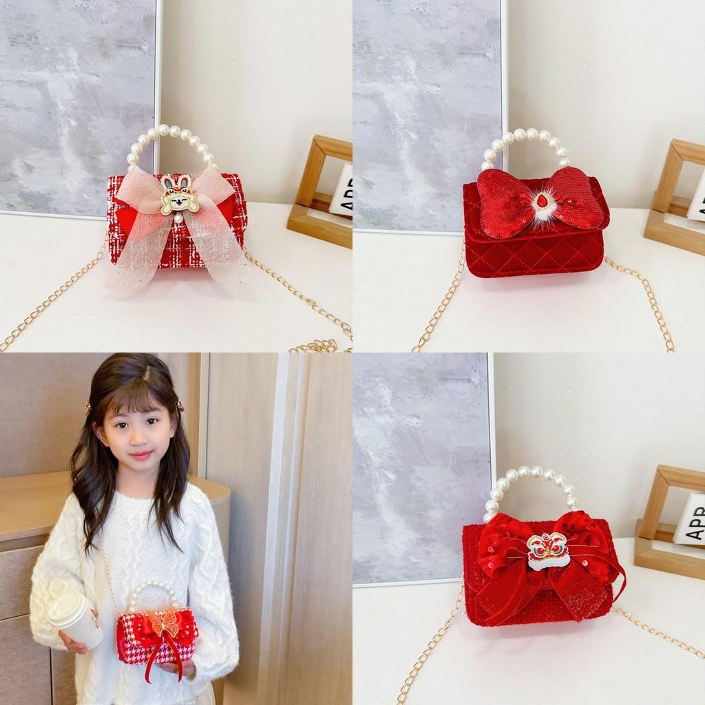 Adorable Red Bowknot Children's Handbag With Charming Pearl Chain For Kids