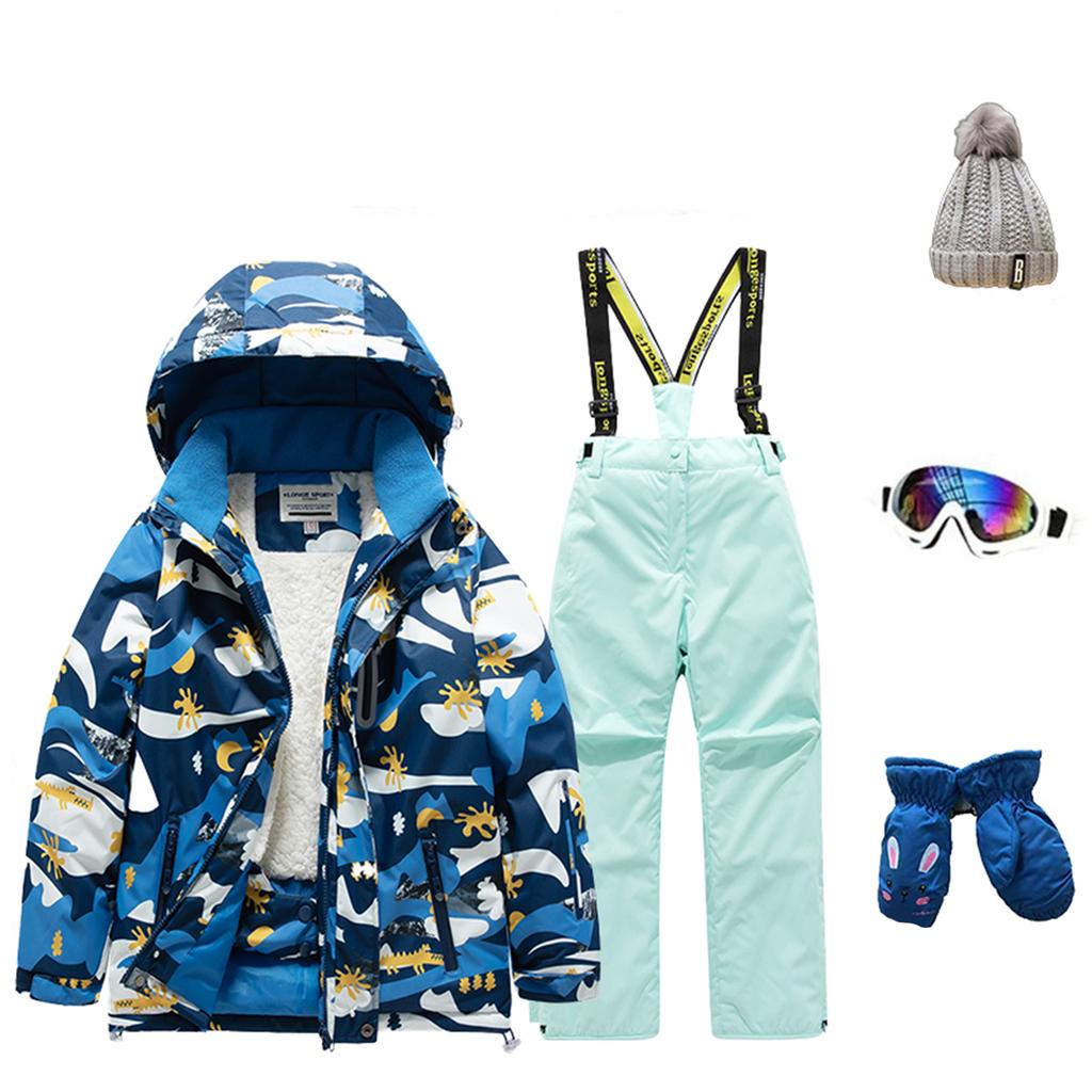 Children's Fashion Skiwear Set Boys' And Girls' Thickened Waterproof Thermal Ski Suit Five-Piece Outfit With Jacket And Trousers