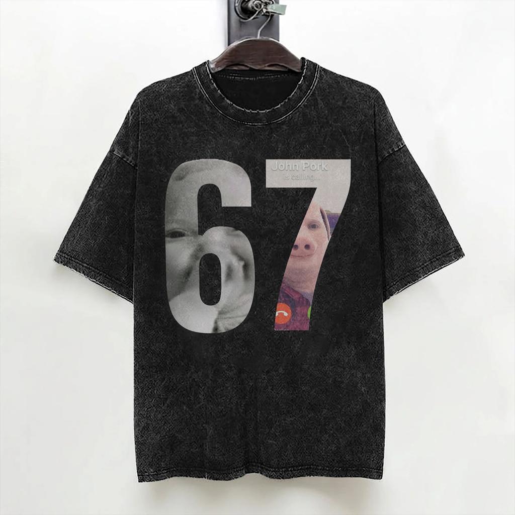Six Seven John Pork T Shirt Washed 100 Cotton Harajuku TShirts Vintage for Men Women Streetwear Printed Tee Shirt