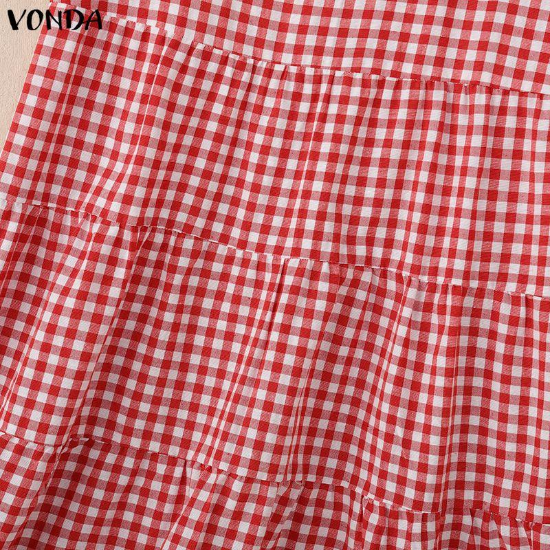 VONDA Women V Neck Puff Sleeve Plaid Print Ruffled Casual Loose Tunic Dress