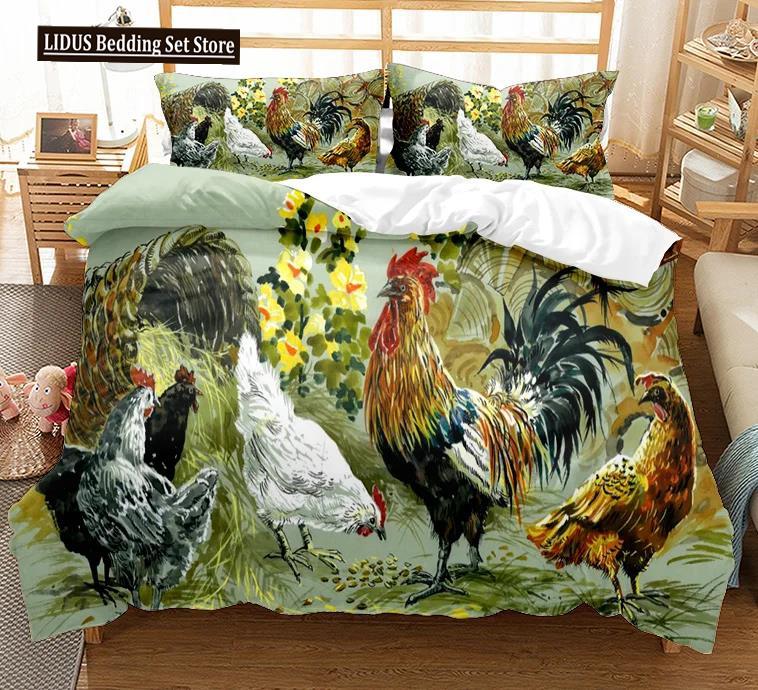 Chicken Duvet Cover King Queen Size Lovely Hen Pattern Bedding Set Kids Teens Adults Farm Animals Soft Polyester Comforter Cover