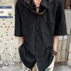 Men's Black Textured Short Sleeve Shirt Casual Chinese Style Bead Detail Streetwear Top