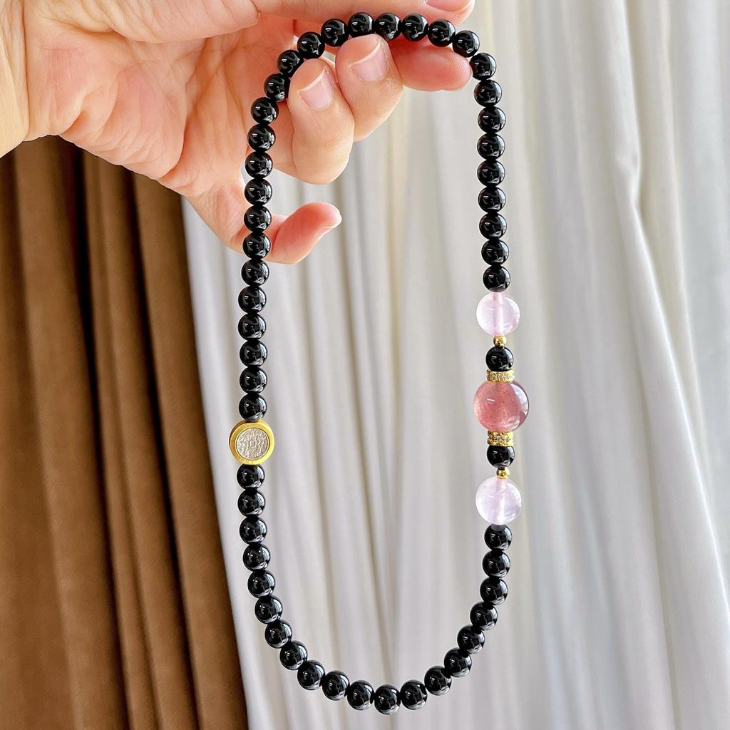 6Mm Natural Black Agate Powder Crystal Strawberry Crystal Multi-Circle Design Bracelet Bracelet