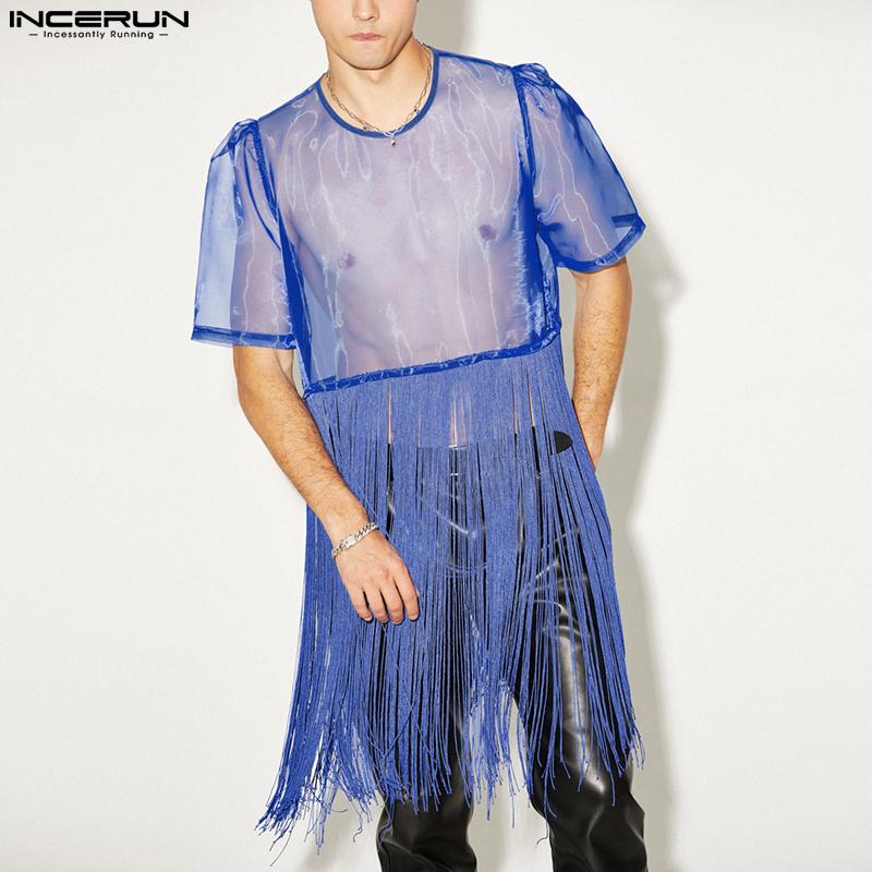 

INCERUN/летние прозрачные мужские модные макси-топы с короткими рукавами и кисточками, прозрачная однотонная Клубная одежда, свободные длинные рубашки для вечеринок, большие размеры