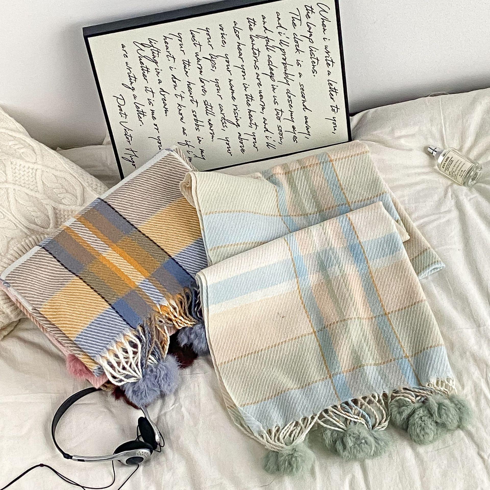 

Women s Winter Plaid Scarf: Super Cute Rabbit Fur Pompom, Warm Imitation Cashmere, Versatile Korean Style Neck Warmer