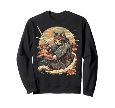 Japon Sanatı Kedi Ninja Anime Tarzı Samuray Kedi Sweatshirt Ukiyo-e