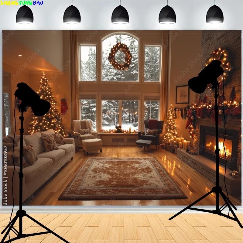 Fireplace Christmas Day Wreach Window Photography Backdrops New Year Living Room Portrait Holiday Party Photo Background DD-17