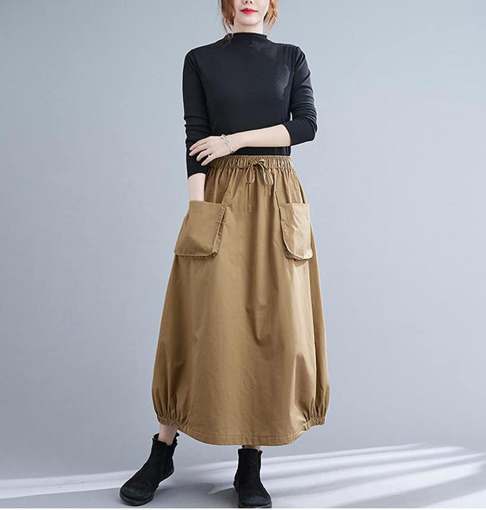 ShuMing Long Balloon Maxi Elastic Plus Solid Color Size Women's Skirt, Length, Waist, Pockets, Cargo-Style, Casual, A-Line, Size, Flattering, (Free