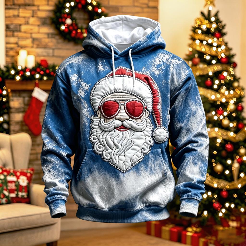 Men's Long Sleeve Hooded Sweatshirt with Christmas Graphic Print, Casual Pullover for Holiday and Winter Wear