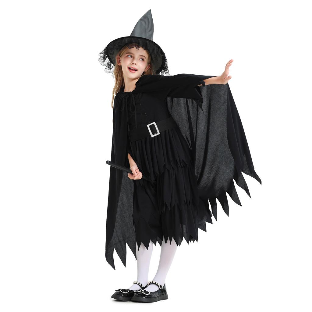 Halloween kinder kostuums meisjes bezem heks kostuum heksenhoed jurk sjaal cape carnavalskostuum