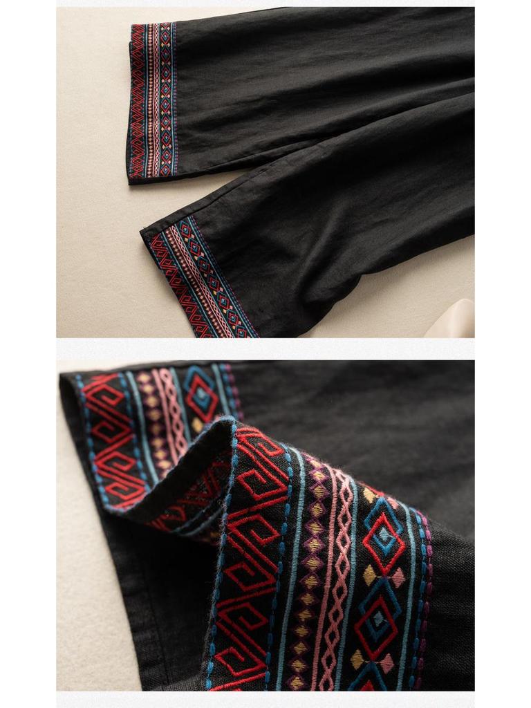 2024 Spring Summer Women's Cotton Linen Embroidered Wide-Leg High-Waist Casual Pants
