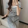 French Style Black & White Striped U-Neck Short-Sleeve Women's Summer T-Shirt