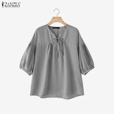Blusa Casual de Manga 3/4 con Cuello Redondo y Estampado a Cuadros para Mujer