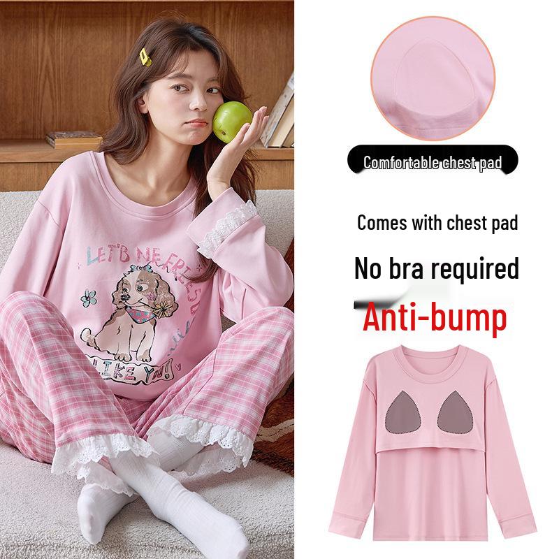 Piżama damska z długim rękawem i nadrukiem w kreskówkowe wzory, z wkładką na klatkę piersiową – uroczy komplet z okrągłym dekoltem do noszenia w domu lub na okrycia wierzchnie wiosną, jesienią i zimą