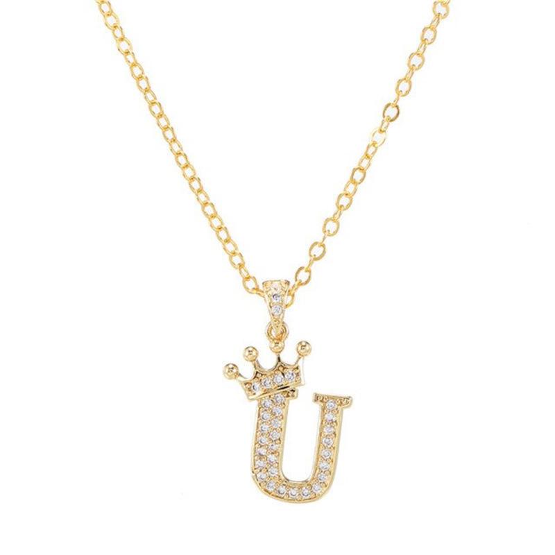 Crystal Alphabet Initial Letter A-Z Women Crown Pendant Necklace Fashion Jewelry