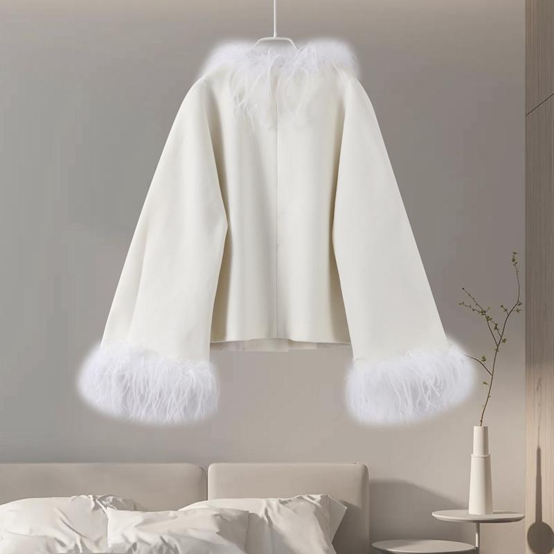 Tassel Solid Color Women Coat Faux Fur Feather Full Sleeve Female Jacket 2025 Autumn Winter Elegant Single Breasted Lady Outwear