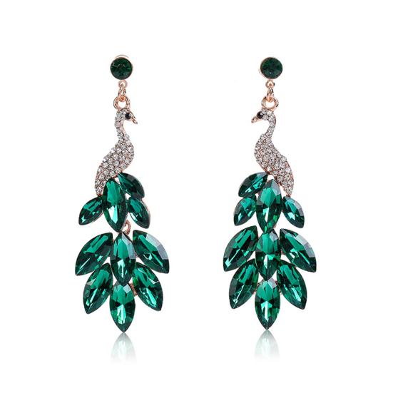 1 Pair Drop Earrings Vintage Rhinestone Peacock Golden Finish Luxury Elegant Green Faux Crystal Feather Dangling Earrings Fashion Jewelry
