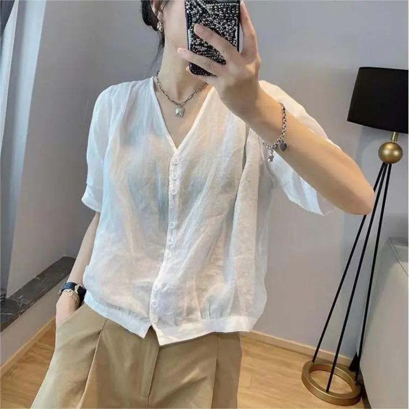 Women s Summer White Linen V Neck Button Down Cropped Blouse with Ruffle Hem S белый