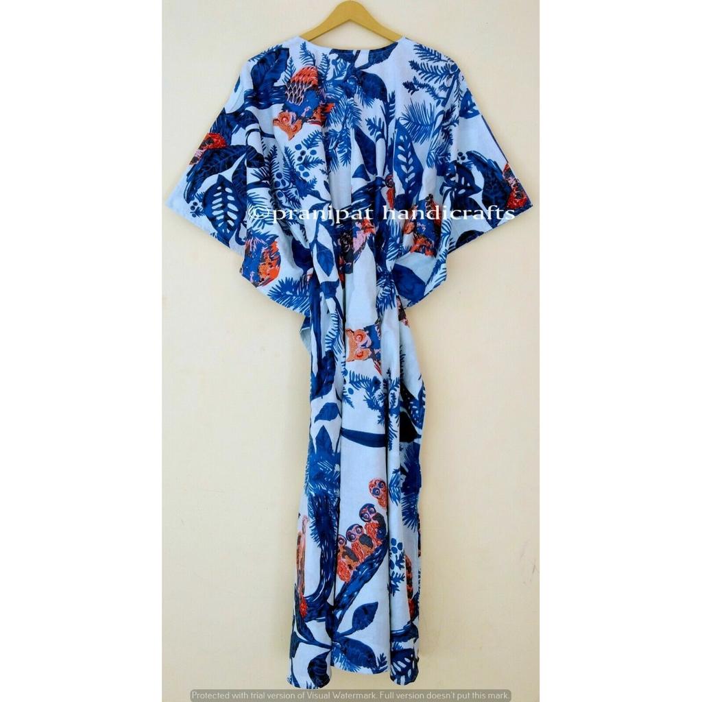 Damen Baumwoll-Nachtwäsche Blau Lang Eulen-Print Übergröße Maxi Überwurf Kaftan Kleid CKFTN-SCRN-FULL-BUYIT-051
