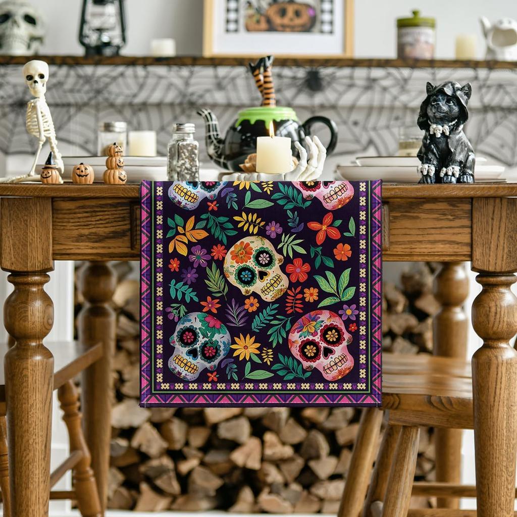 Mexican Day of The Dead Sugar Skull Linen Table Runner Tabletop Decor Dia De Los Muertos Kitchen Dining Table Runner Party Decor