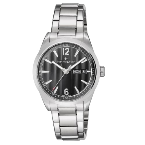 

Hamilton Broadway Day Date Quartz Watch, Black Dial, Stainless Steel with Sapphire Crystal, 39.5mm Swiss Movement, Water Resistant to 5 ATM, Men s Sil